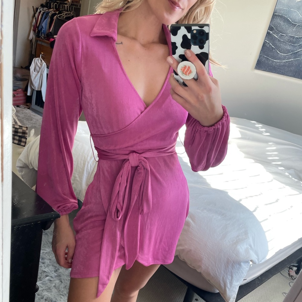Bubble Gum Pink Collared Wrap Mini Dress